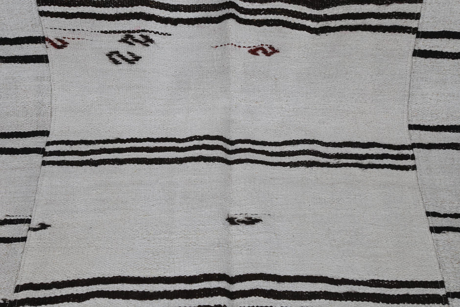 7x9 Vintage Turkish Hemp Rug, White Black Striped Kilim, Large Handwoven Neutral Area Rug