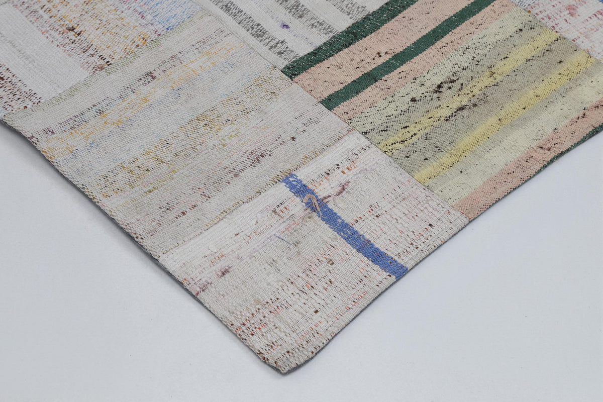3x10 Vintage Turkish Patchwork Kilim Rug, Beige Cotton Wool Runner, Long Handwoven Hallway Rug