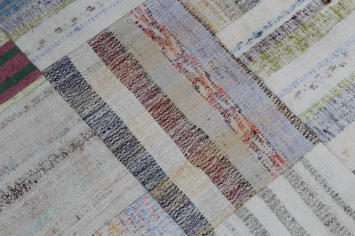 3x10 Vintage Turkish Patchwork Kilim Rug, Beige Cotton Wool Runner, Long Handwoven Hallway Rug