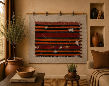 3x4 Vintage Turkish Tapestry Rug, Red Orange Striped Wool Wall Hanging, Geometric Textile Wall Art