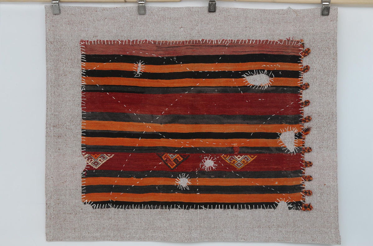 3x4 Vintage Turkish Tapestry Rug, Red Orange Striped Wool Wall Hanging, Geometric Textile Wall Art