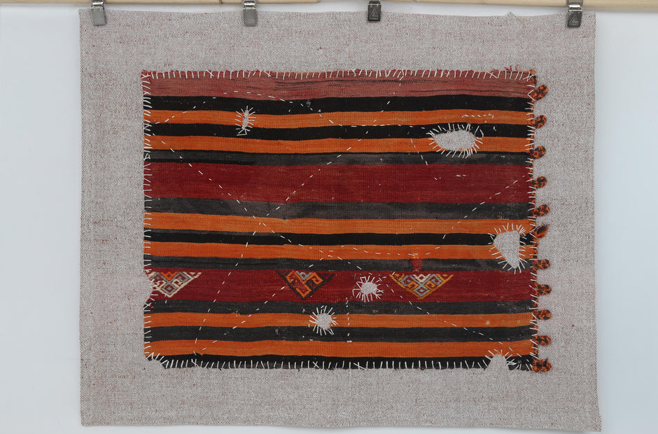 3x4 Vintage Turkish Tapestry Rug, Red Orange Striped Wool Wall Hanging, Geometric Textile Wall Art