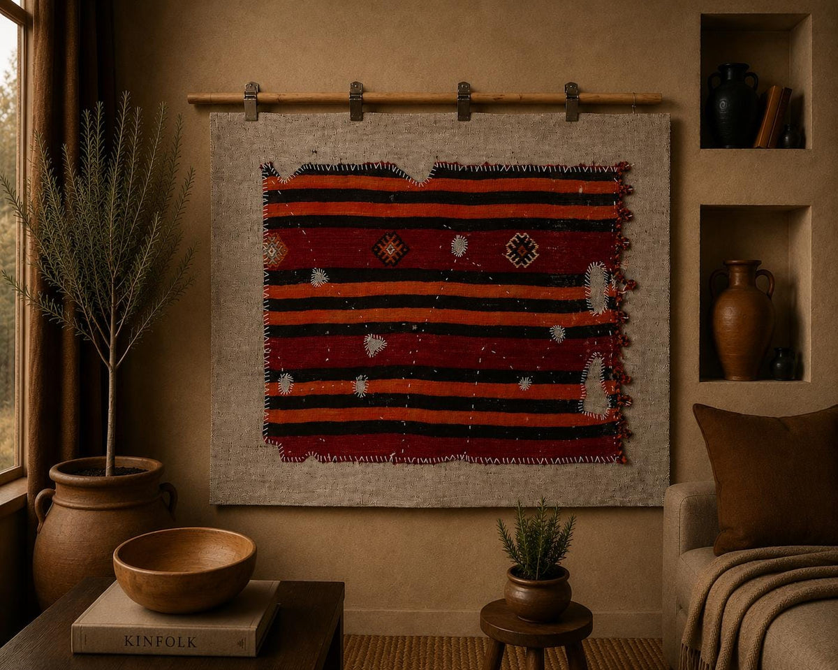 3x4 Vintage Turkish Tapestry Rug, Red Orange Striped Wool Cotton Wall Hanging, Geometric Textile Wall Art