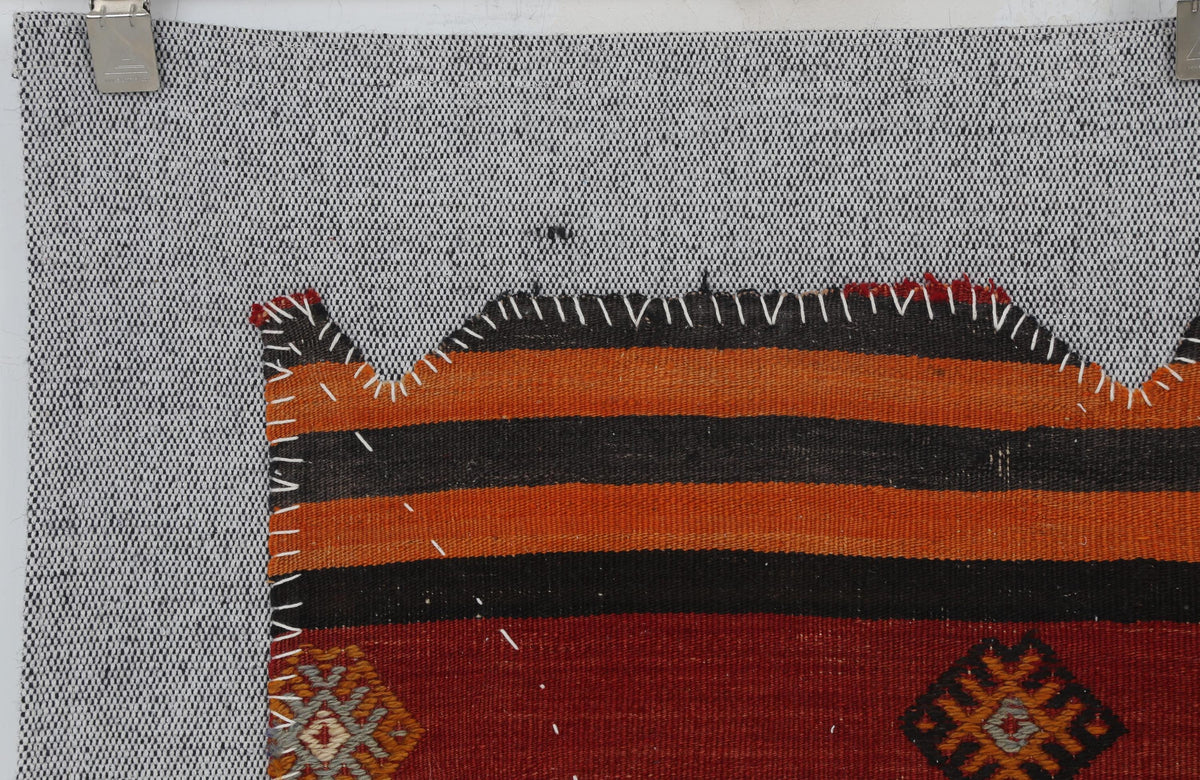 3x4 Vintage Turkish Tapestry Rug, Red Orange Striped Wool Cotton Wall Hanging, Geometric Textile Wall Art