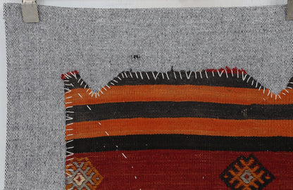 3x4 Vintage Turkish Tapestry Rug, Red Orange Striped Wool Cotton Wall Hanging, Geometric Textile Wall Art
