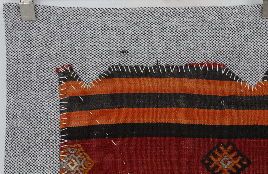 3x4 Vintage Turkish Tapestry Rug, Red Orange Striped Wool Cotton Wall Hanging, Geometric Textile Wall Art