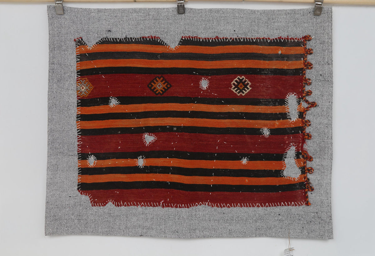 3x4 Vintage Turkish Tapestry Rug, Red Orange Striped Wool Cotton Wall Hanging, Geometric Textile Wall Art