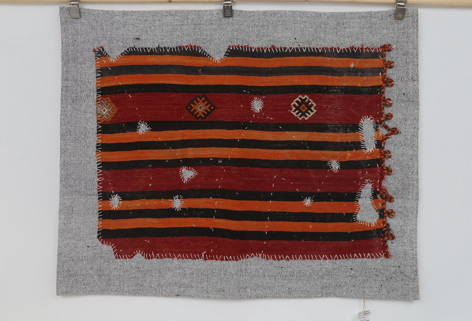 3x4 Vintage Turkish Tapestry Rug, Red Orange Striped Wool Cotton Wall Hanging, Geometric Textile Wall Art