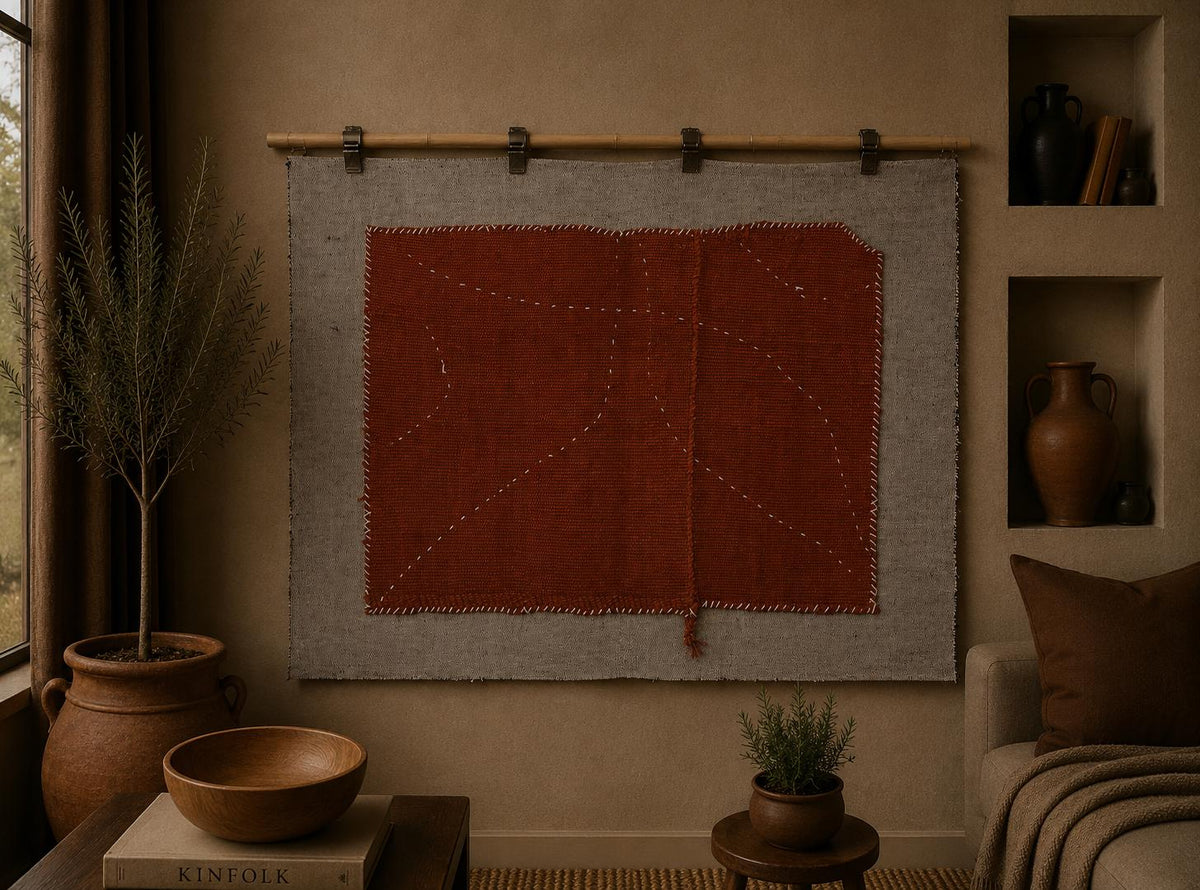 3x4 Vintage Turkish Tapestry Rug, Rust Brown Hemp Wool Wall Hanging, Minimalist Textile Wall Art
