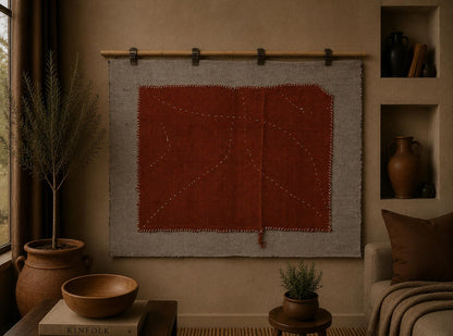 3x4 Vintage Turkish Tapestry Rug, Rust Brown Hemp Wool Wall Hanging, Minimalist Textile Wall Art