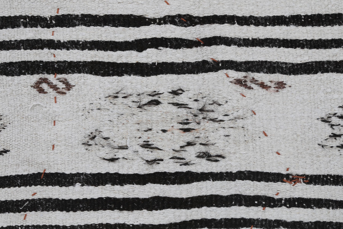 3x4 Vintage Turkish Tapestry Rug, Black White Hemp Wool Wall Hanging, Geometric Striped Textile Wall Art