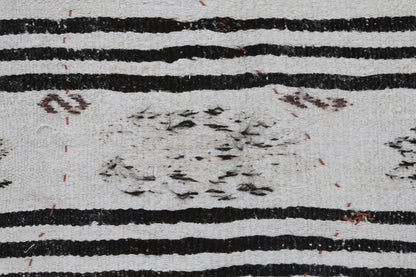 3x4 Vintage Turkish Tapestry Rug, Black White Hemp Wool Wall Hanging, Geometric Striped Textile Wall Art