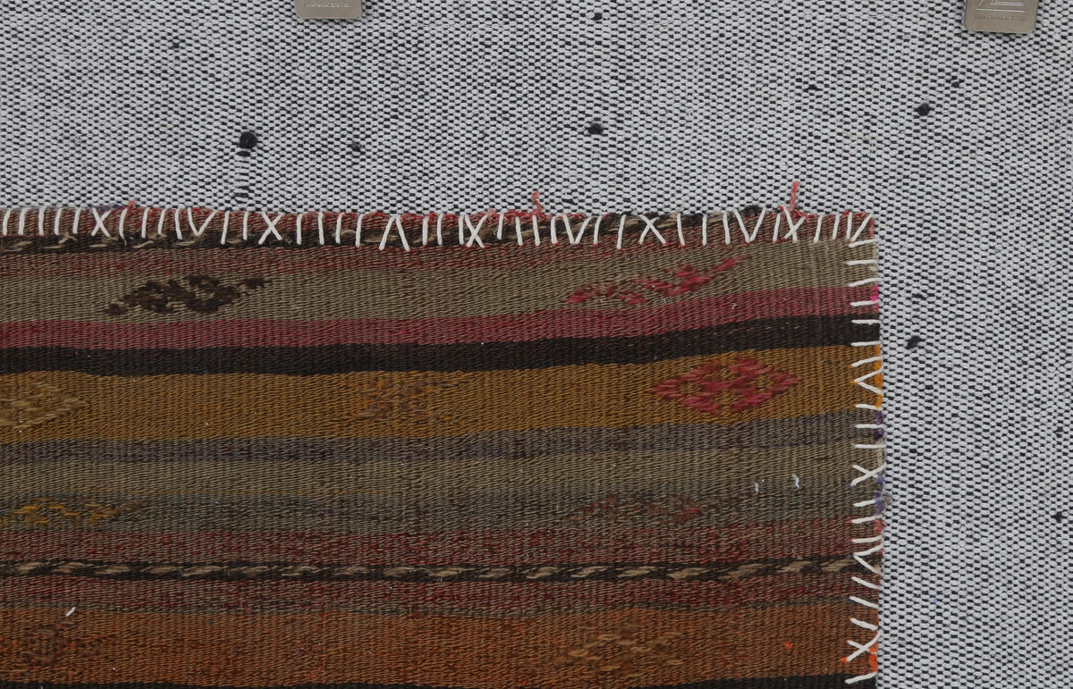 3x4 Vintage Turkish Tapestry Rug, Brown Striped Wool Wall Hanging, Rustic Geometric Textile Wall Art