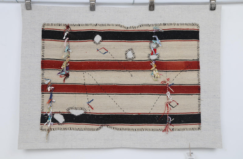 Vintage Turkish Kilim Tapestry Rug, Cream Black Striped Wall Hanging (3' x 4'2")