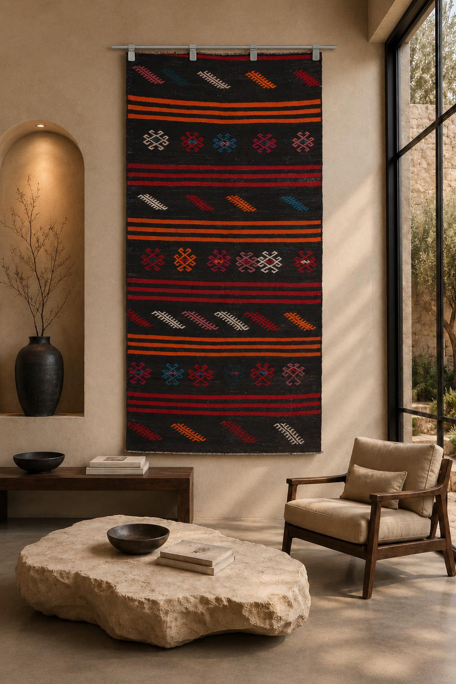 4x6 Vintage Turkish Kilim Tapestry, Black Tribal Woven Wall Hanging, Cotton Wool Textile Art, Boho Wall Decor