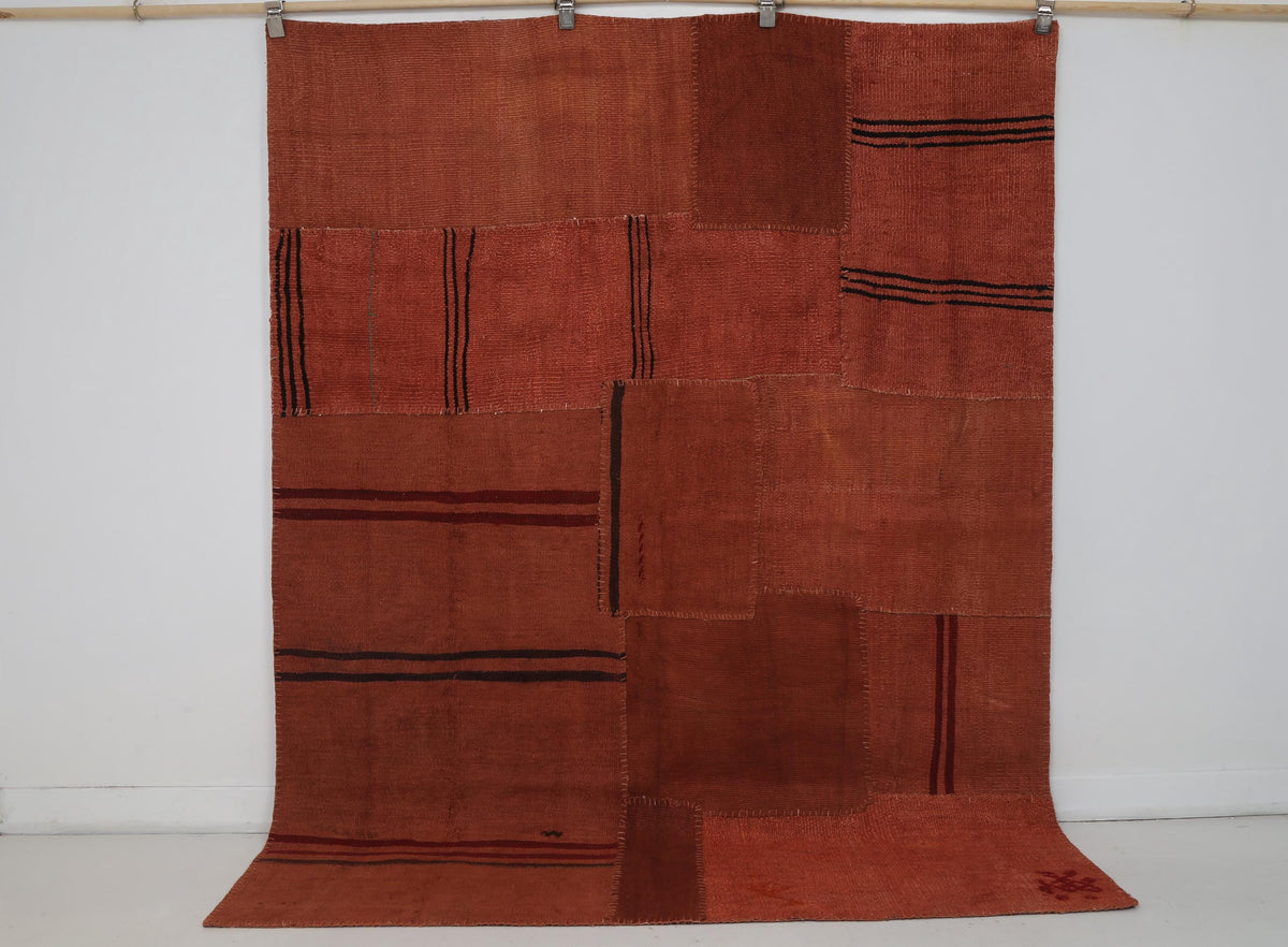 6x7 Vintage Turkish Hemp Patchwork Rug, Orange Kilim Rug, Handwoven Rustic Area Rug, One of a Kind Textile