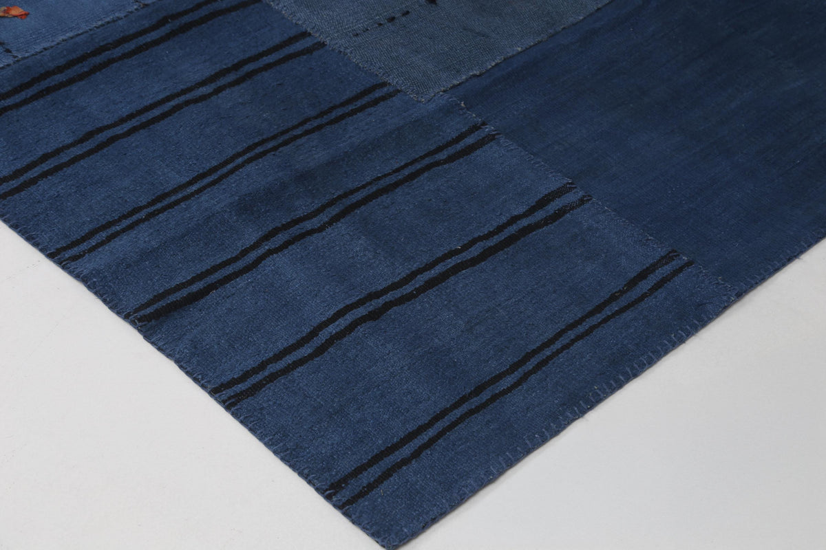7x10 Vintage Turkish Hemp Patchwork Rug, Blue Hemp Rug, Handwoven Kilim, Rustic Large Area Rug