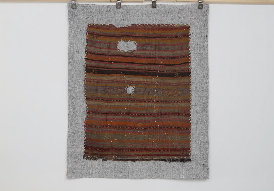 3x4 Vintage Turkish Tapestry Rug, Brown Striped Wool Wall Hanging, Rustic Geometric Textile Wall Art