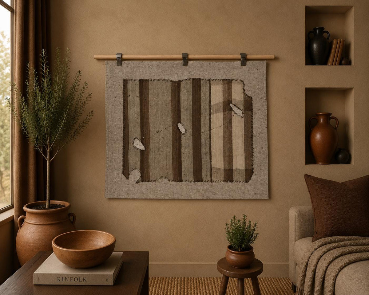 3x4 Vintage Turkish Tapestry Rug, Brown Striped Wool Textile Wall Art, Hand Stitched Patchwork Wall Hanging