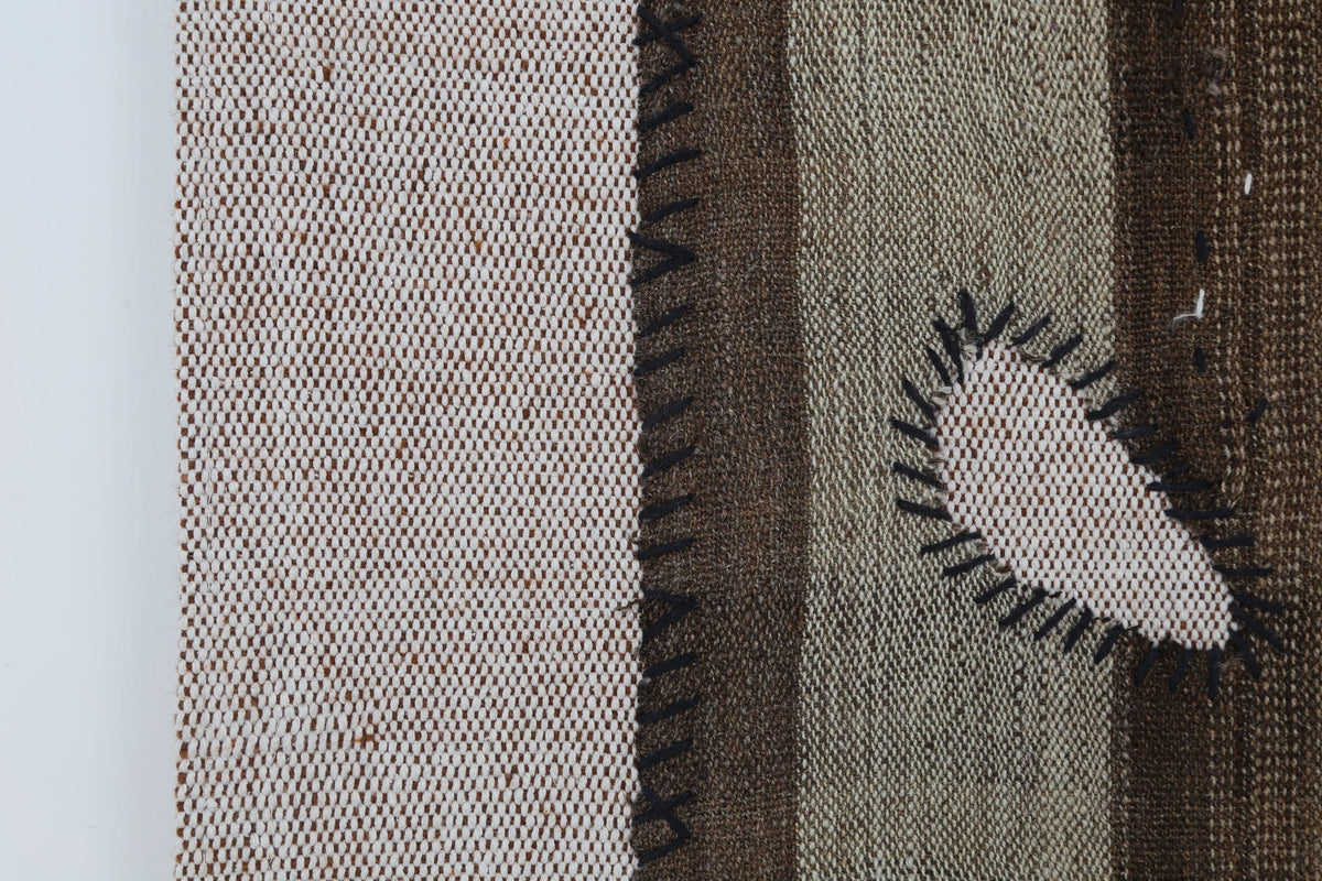 3x4 Vintage Turkish Tapestry Rug, Brown Striped Wool Textile Wall Art, Hand Stitched Patchwork Wall Hanging