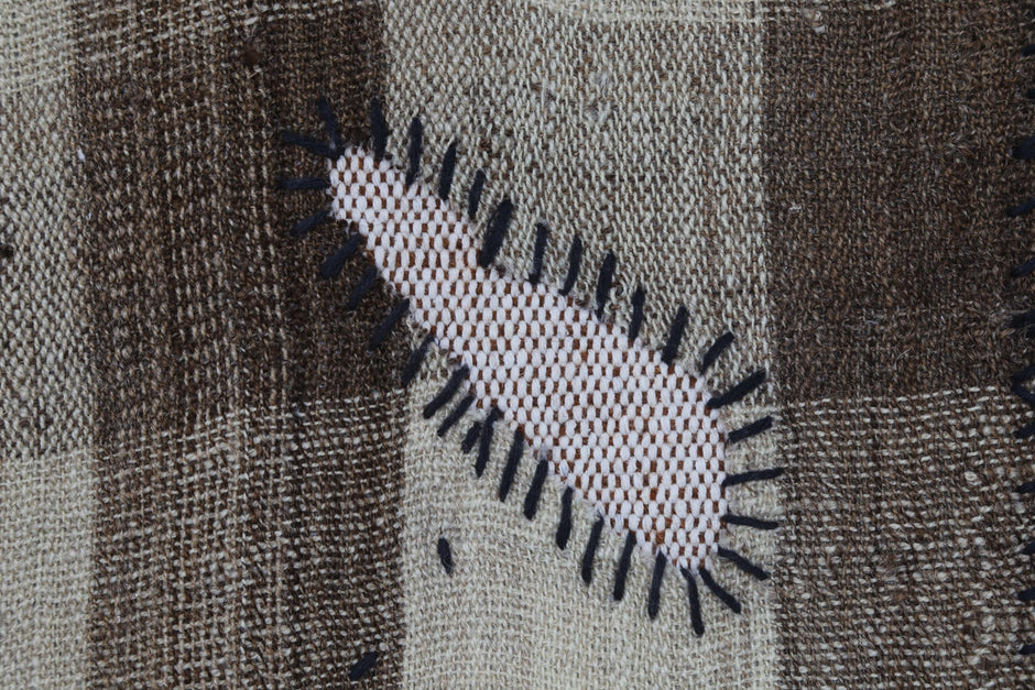 3x4 Vintage Turkish Tapestry Rug, Brown Striped Wool Textile Wall Art, Hand Stitched Patchwork Wall Hanging