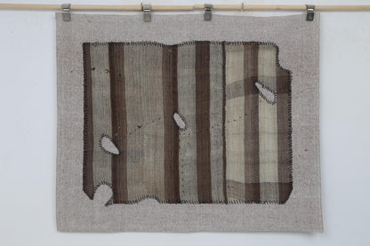 3x4 Vintage Turkish Tapestry Rug, Brown Striped Wool Textile Wall Art, Hand Stitched Patchwork Wall Hanging