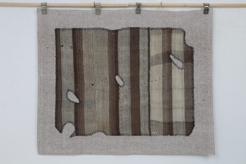 Vintage Turkish Patchwork Tapestry Rug, Brown Striped (3'5" x 4'2")