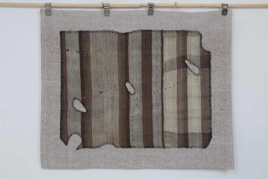 3x4 Vintage Turkish Tapestry Rug, Brown Striped Wool Textile Wall Art, Hand Stitched Patchwork Wall Hanging