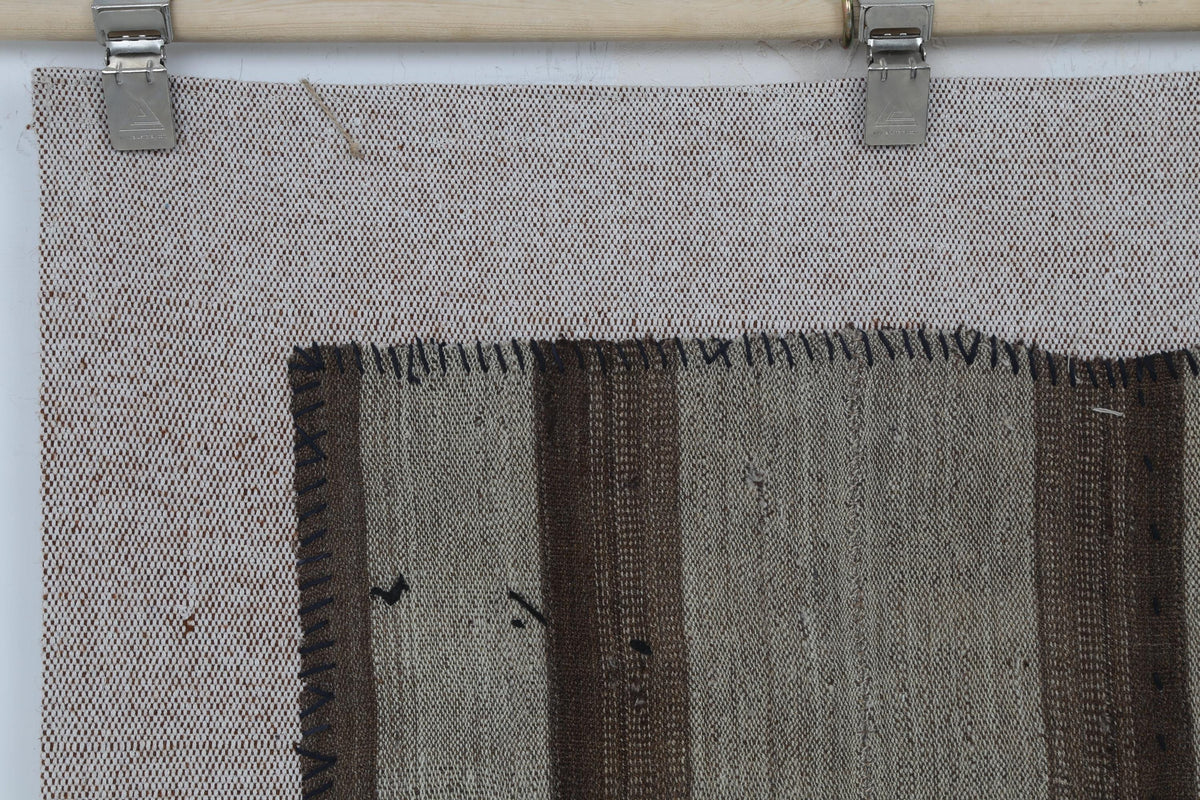 3x4 Vintage Turkish Tapestry Rug, Brown Striped Wool Textile Wall Art, Hand Stitched Patchwork Wall Hanging
