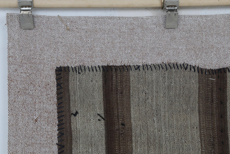 3x4 Vintage Turkish Tapestry Rug, Brown Striped Wool Textile Wall Art, Hand Stitched Patchwork Wall Hanging