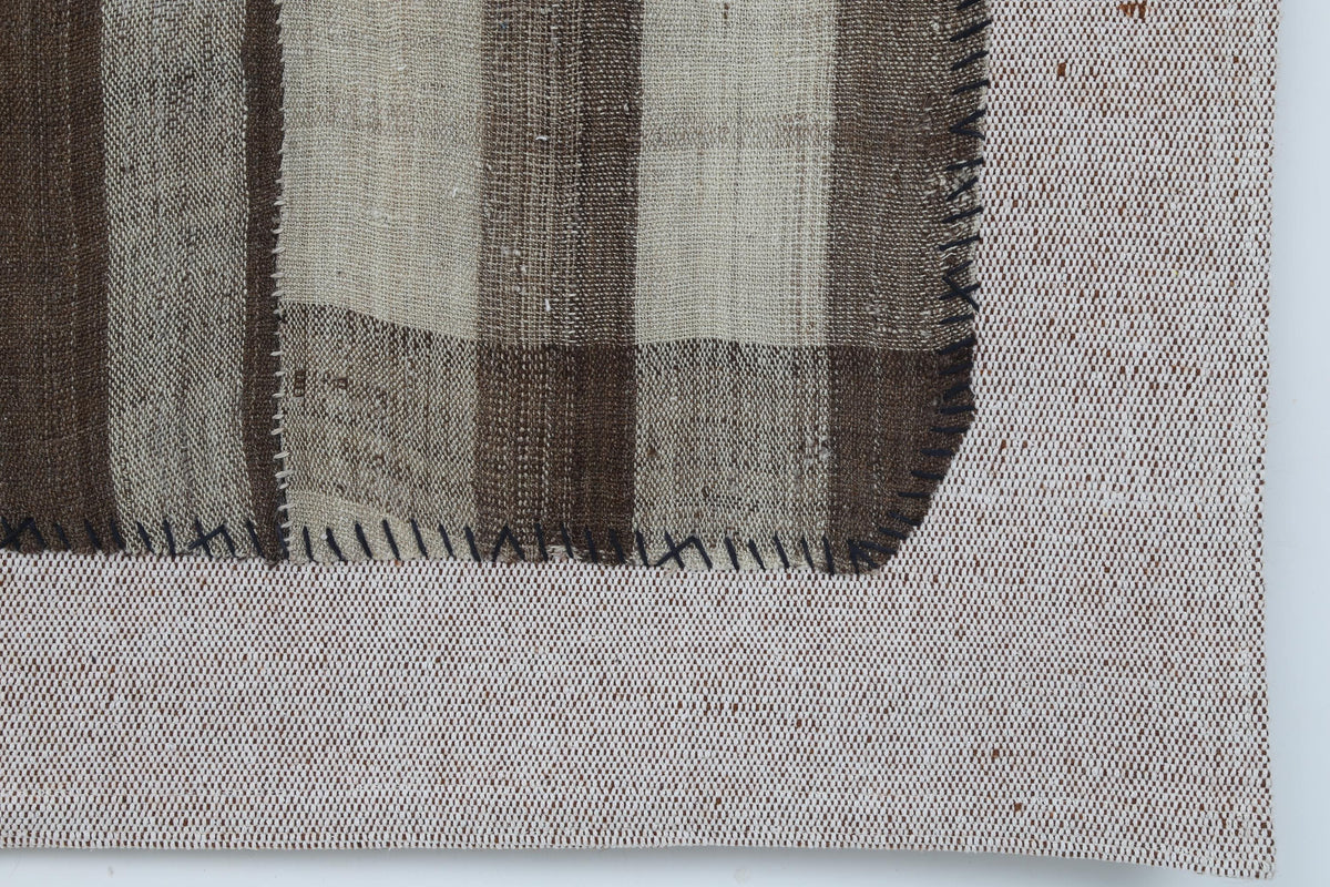 3x4 Vintage Turkish Tapestry Rug, Brown Striped Wool Textile Wall Art, Hand Stitched Patchwork Wall Hanging