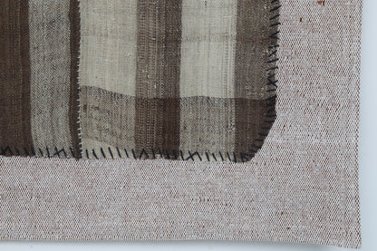 3x4 Vintage Turkish Tapestry Rug, Brown Striped Wool Textile Wall Art, Hand Stitched Patchwork Wall Hanging