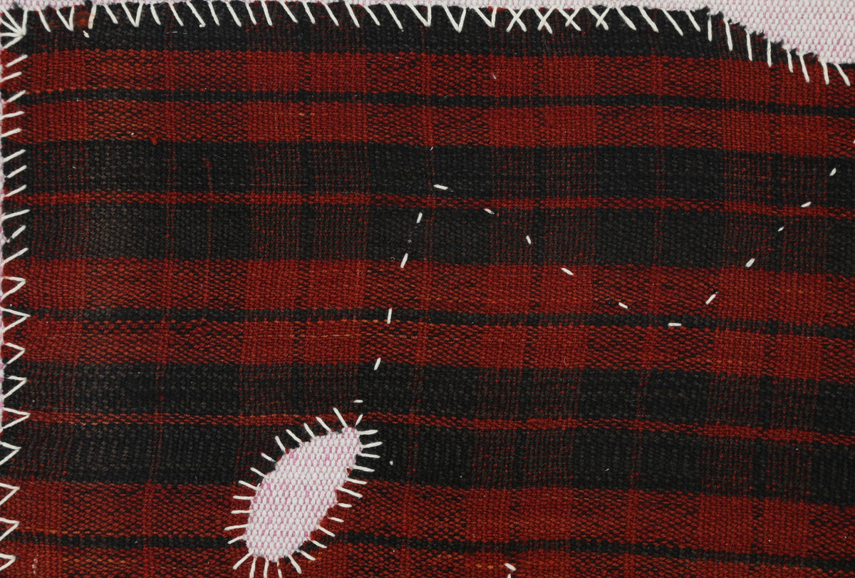 3x4 Vintage Turkish Tapestry Rug, Red and Black Striped Wool Textile Wall Art, Hand Stitched Patchwork Wall Hanging