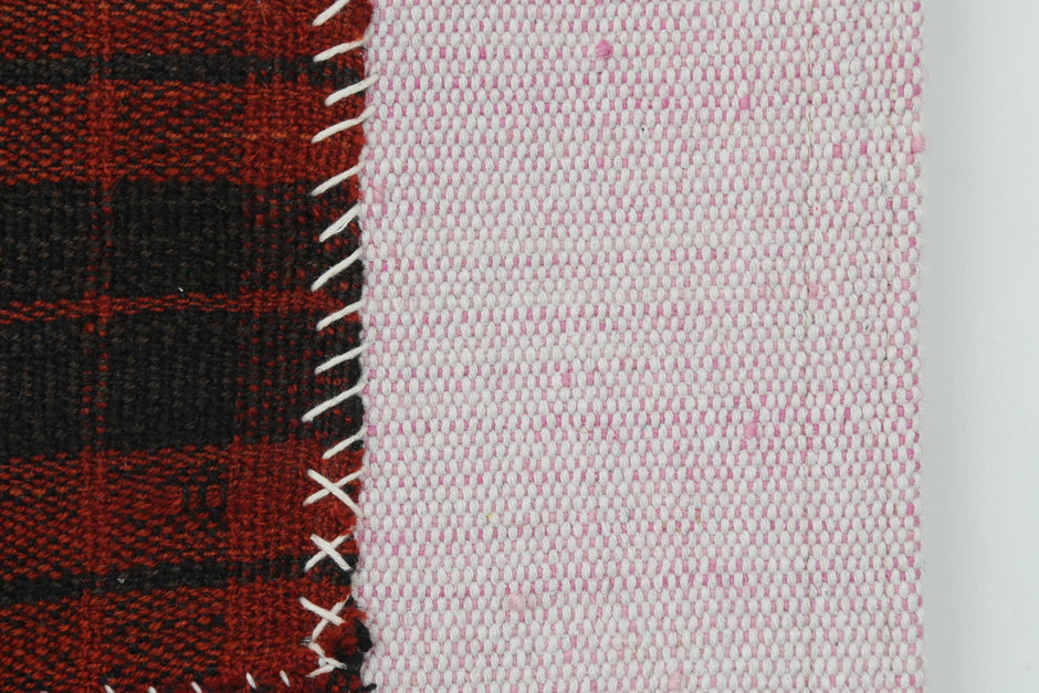 3x4 Vintage Turkish Tapestry Rug, Red and Black Striped Wool Textile Wall Art, Hand Stitched Patchwork Wall Hanging