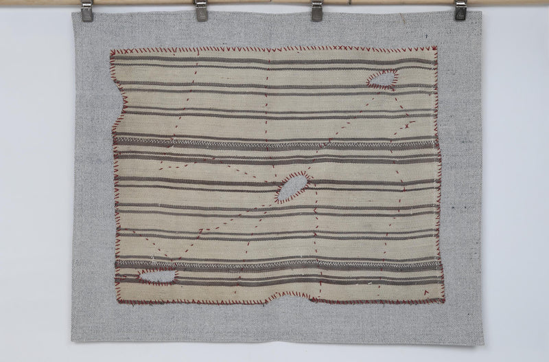 Vintage Turkish Kilim Tapestry Rug, Cream Black Striped Wall Hanging (3'4" x 4'2")