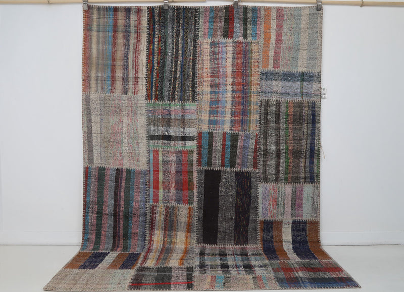 6x8 Vintage Patchwork Rug, Multicolor Turkish Flatweave Kilim, Striped Patchwork Area Rug, Reclaimed Textile Rug