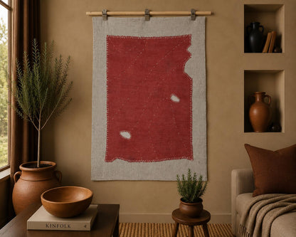 3x4 Pink Hemp Tapestry Rug, Vintage Turkish Textile Wall Art, Hand Stitched Wool Wall Hanging, Rustic Fiber Art
