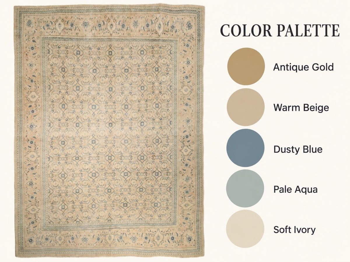 10x13 Vintage Turkish Rug, Beige Blue Floral Rug, Handwoven Wool Rug, Large Vintage Area Rug