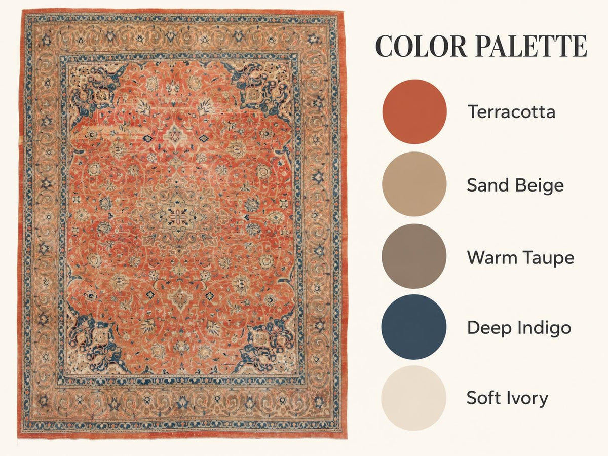 10x13 Vintage Turkish Rug, Terracotta Floral Rug, Sand Beige Wool Rug, Large Vintage Area Rug