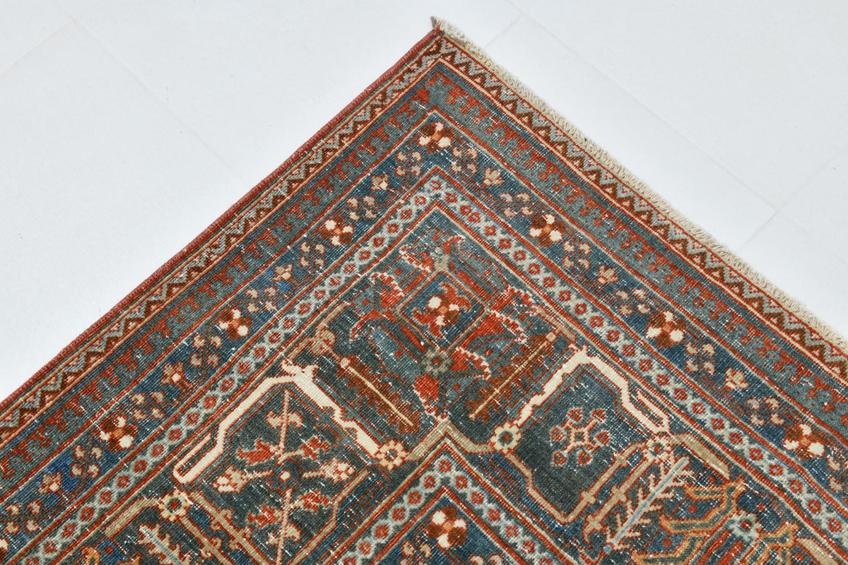 9x13 Vintage Turkish Rug, Brick Red Floral Rug, Deep Indigo Wool Rug, Large Vintage Silverwash Area Rug