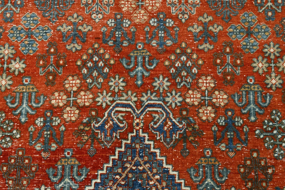 9x13 Vintage Turkish Rug, Brick Red Floral Rug, Deep Indigo Wool Rug, Large Vintage Silverwash Area Rug