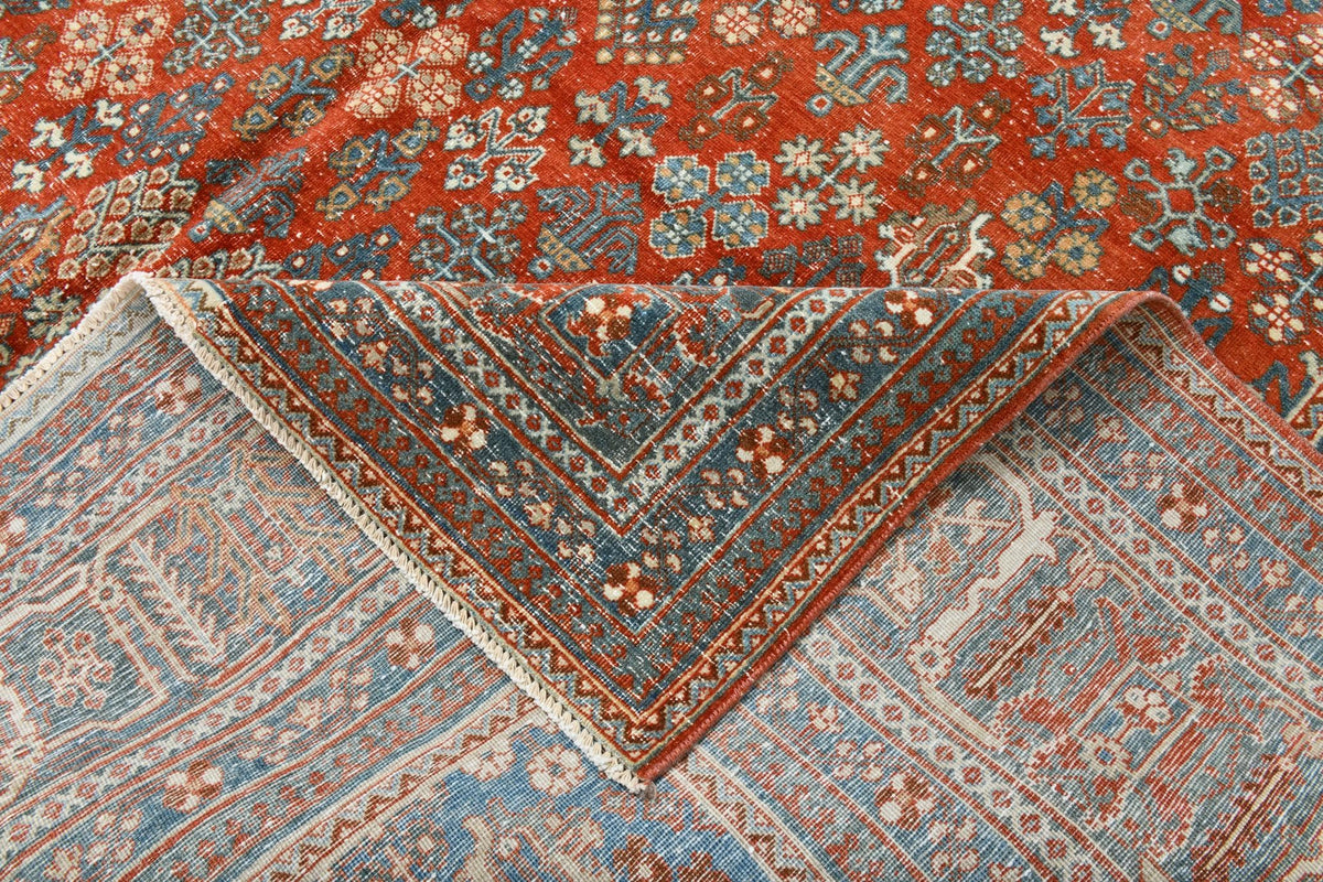 9x13 Vintage Turkish Rug, Brick Red Floral Rug, Deep Indigo Wool Rug, Large Vintage Silverwash Area Rug