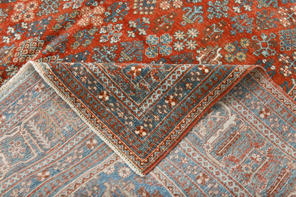 9x13 Vintage Turkish Rug, Brick Red Floral Rug, Deep Indigo Wool Rug, Large Vintage Silverwash Area Rug