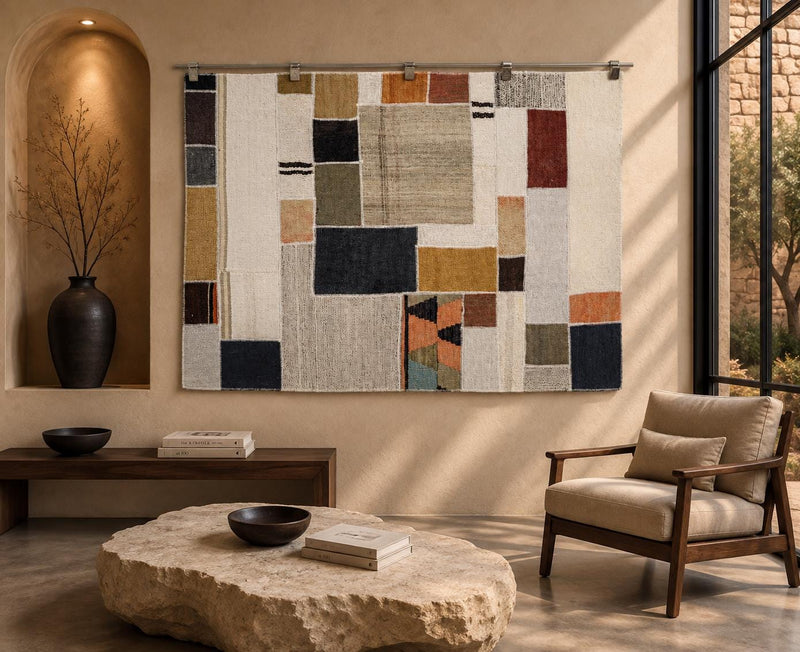 Vintage Turkish Kilim Tapestry Rug, Cream Multicolor Patchwork Wall Hanging (3'3" x 4'6") - photo 1 of 9