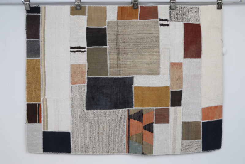 Vintage Turkish Kilim Tapestry Rug, Cream Multicolor Patchwork Wall Hanging (3'3" x 4'6")