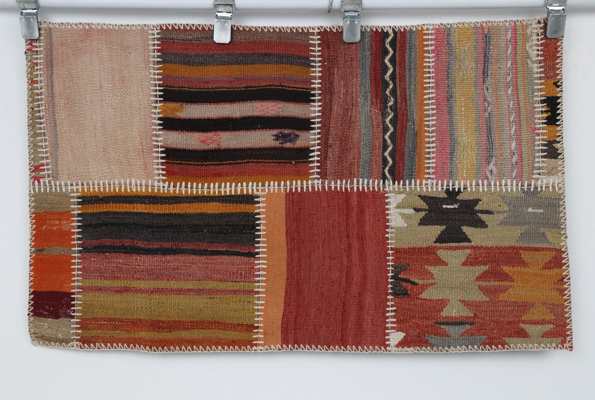 2x3 Vintage Turkish Patchwork Tapestry Rug, Handwoven Kilim Textile Wall Hanging, One of a Kind Wall Art