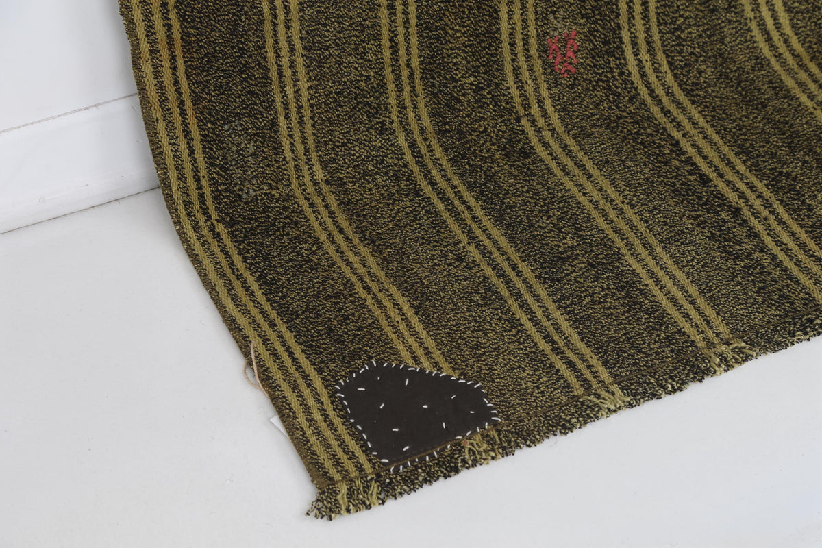 6x7 Vintage Turkish Flatweave Rug, Mustard Brown Striped Rug, Handwoven Wool Cotton Kilim, Vintage Area Rug