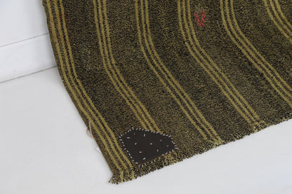 6x7 Vintage Turkish Flatweave Rug, Mustard Brown Striped Rug, Handwoven Wool Cotton Kilim, Vintage Area Rug