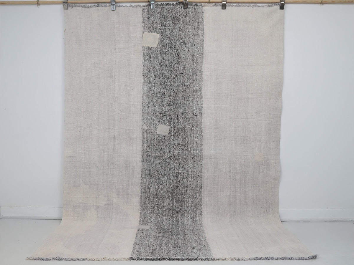 6x8 Vintage Turkish Hemp Rug, White Black Striped Rug, Handwoven Hemp Wool Rug, Minimalist Vintage Area Rug
