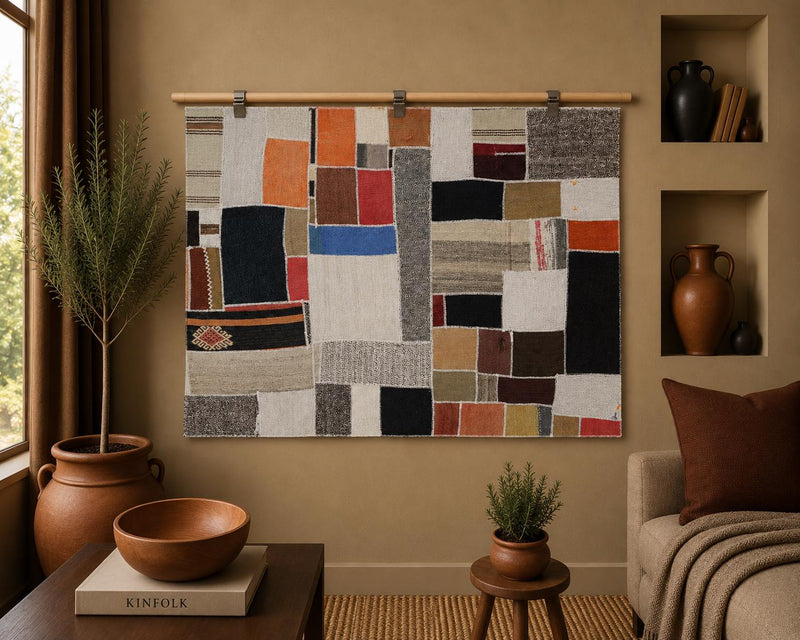 3x5 Hemp Patchwork Tapestry Rug, Vintage Turkish Textile Wall Art, Hand Stitched Wool Wall Hanging, Wabi Sabi Decor